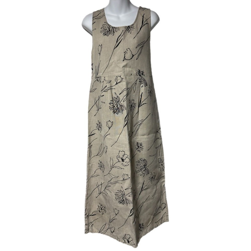 Vtg John Paul Richard Sleeveless Linen Artsy Lagenlook Tan Flower Maxi Dress M
